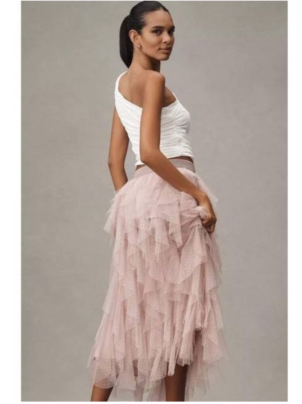 Anthropologie The Chéri Ruffled Tulle Midi Skirt in Blush Mauve Dusty Rose XL - Picture 4 of 7